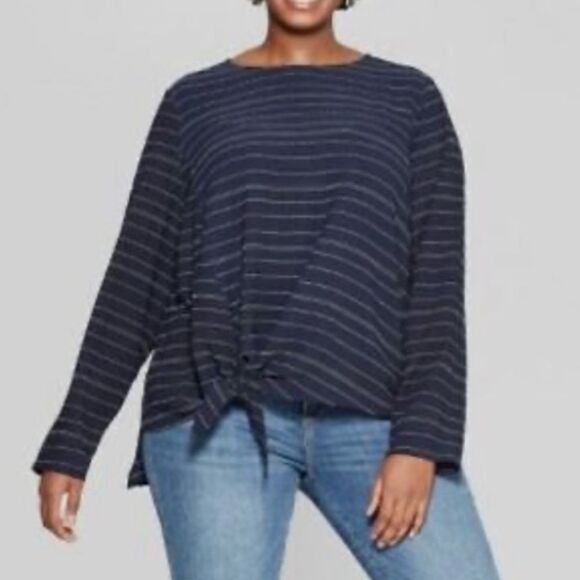 Ava & Viv Women’s Plus Size Striped Long Sleeve Tie Front Woven Top 0X - Picture 1 of 11